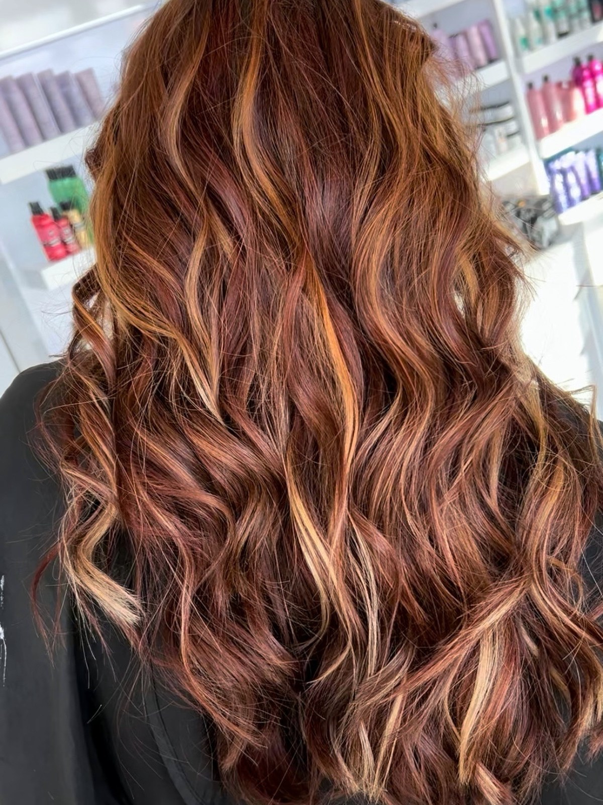 Copper and auburn dimensional color with curls