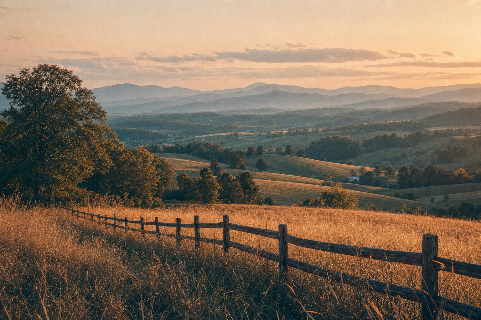 Rolling East Tennessee farmland at golden hour